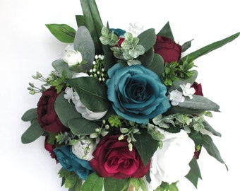 Wedding Bouquet, Bridal bouquet set, TEAL, BURGUNDY, EGGPLANT Wine, Wedding flowers, Silk Bouquet Bridesmaid bouquets corsage RosesandDreams