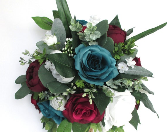 Wedding Bouquet, 17-piece Bridal bouquet set, TEAL, BURGUNDY, EGGPLANT Wine, Wedding flowers, Bridesmaid bouquets, corsage RosesandDreams