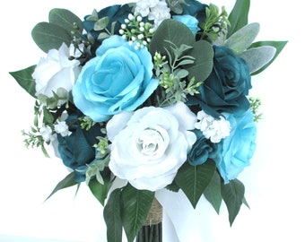 Wedding Bouquet, Bridal bouquet, TEAL, Aqua BLUE turquoise, Wedding bouquet, Silk flowers, Bridesmaid Bouquet, boutonniere "RosesandDreams"