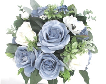 Wedding Bouquet, Bridal bouquet set, DUSTY BLUE, CREAM, Ivory boho, Bridesmaid Bouquet, boutonniere, Wedding Silk flowers "RosesandDreams"