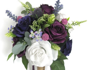 Reserved listing Wedding Bouquet, 15-piece Bridal Bouquet WHITE, PLUM, NAVY Blue, Boho wedding bouquet silk flower "RosesandDreams"