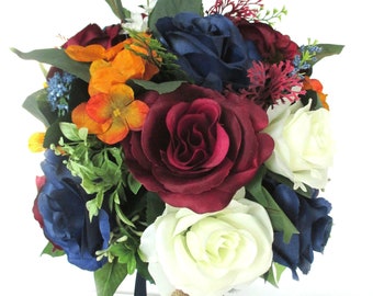 17 Piece Package Wedding Bridal Bouquet Silk Flowers Set BURGUNDY APPLE RED 