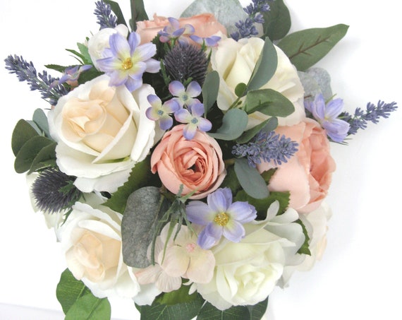 Wedding Bouquet, 17-piece Bridal Bouquet set, CORAL, LAVENDER, BLUSH, blue, Peach, wedding Silk flower Bouquet, bridesmaid "RosesandDreams"