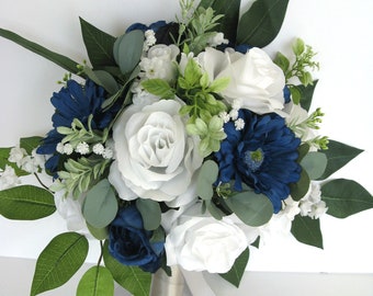 17 Piece Bridal Bouquet set, Wedding Bouquet NAVY BLUE WHITE Gray Silver Silk wedding Flowers Bridal set Bridesmaid Bouquet "RosesandDreams"