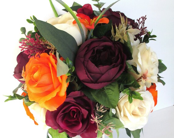 Wedding Bouquet, 17-piece Bridal Bouquet set, BURGUNDY, ORANGE, CHAMPAGNE Eggplant, Fall Wedding Flower, Bridesmaid bouquet "RosesandDreams"