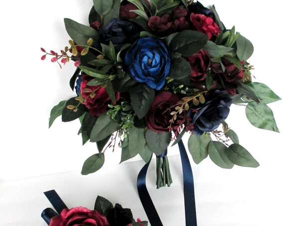 Wedding Bouquet, 17 piece set Bridal bouquet, Burgundy Dark NAVY Blue Eggplant, Wedding Silk flowers, Bridesmaid Bouquet "RosesandDreams"
