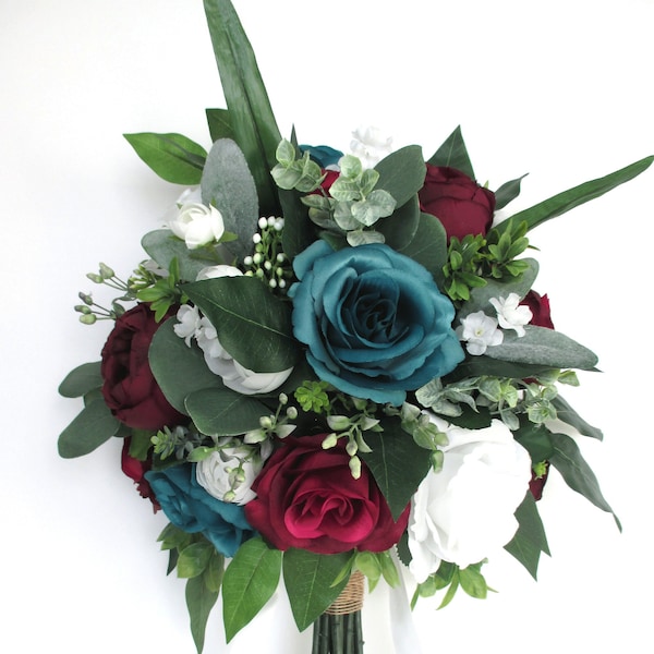 Wedding Bouquet, Bridal bouquet set, TEAL, BURGUNDY, EGGPLANT Wine, Wedding flowers, Silk Bouquet Bridesmaid bouquets corsage RosesandDreams