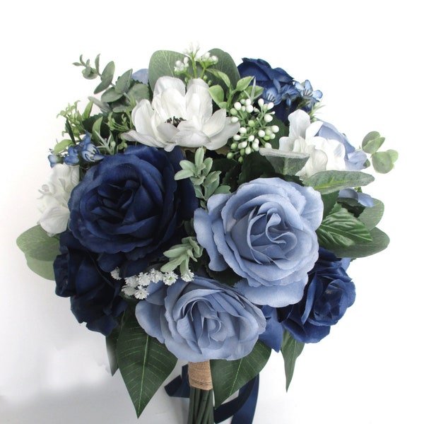 Wedding Bouquet, Bridal bouquet set, NAVY Blue, white, Dusty Blue, Wedding Silk flower Bouquet, Bridesmaid Bouquet, Corsage "RosesandDreams"