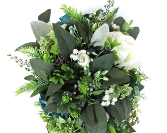 READY TO SHIP Greenery, Teal, Cream Wedding Bouquet, Bridal Cascade bouquet, Wedding flowers, Bridal bouquet, bridesmaid "RosesandDreams"