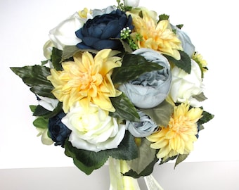 READY TO SHIP 2-piece Yellow, Dusty blue, cream Dark blue Wedding Bouquet, Bridal bouquet, boutonniere, Wedding flowers "RosesandDreams"
