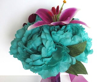 READY TO SHIP 2-piece Turquoise, teal, light purple, Magenta Lily, Wedding Bouquet, Bridesmaid flower, boutonniere, bouquet "RosesandDreams"