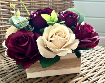 Burgundy Beige floral centerpiece, Fall Silk flower arrangement, wood vase centerpiece, wedding home decor, table arrangement RosesandDreams