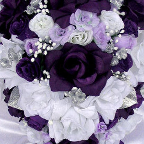 17 Piece Package Silk Flower Wedding Bridal CASCADE Bouquets PURPLE SILVER WHITE 