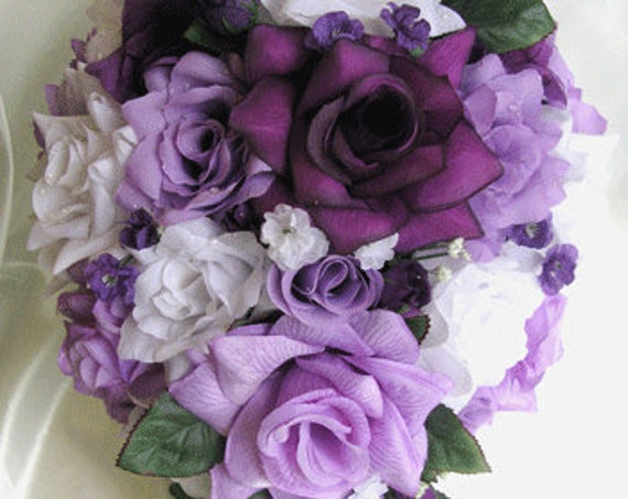 Wedding bouquet. 17-piece Bridal cascade bouquet set, Plum, PURPLE, LAVENDER, WHITE, wedding Silk flower Bouquet Bridesmaid "RosesandDreams"