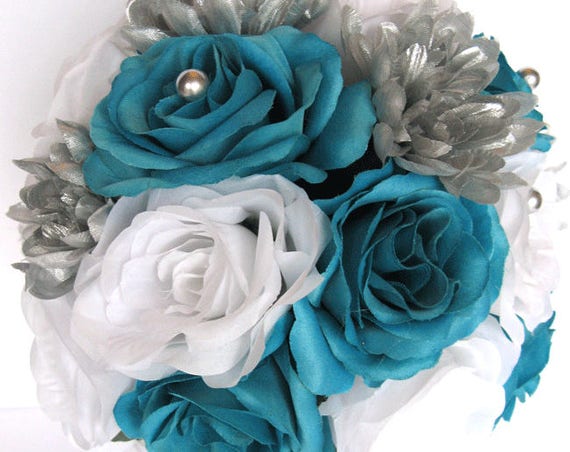17 piece package Wedding Bouquet Bridal Bouquets Silk flower Bouquet  TURQUOISE SILVER WHITE Bridal flowers set Centerpiece "RosesandDreams"