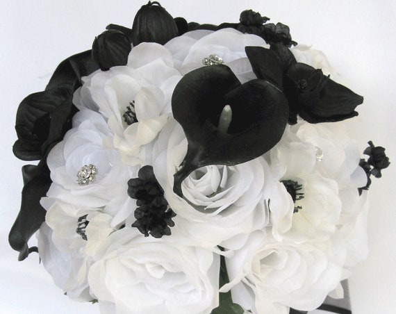 17 Piece Package Wedding Bouquets Bridal Bouquet Wedding Silk flowers WHITE BLACK CALLA Lily Orchid Wedding Centerpiece "RosesandDreams"