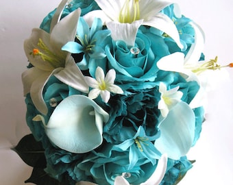 Wedding Bouquet, Bridal Cascade Bouquet set, TURQUOISE, AQUA Blue, TEAL Calla lily, wedding Silk Flower bouquet, Bridesmaid "RosesandDreams"