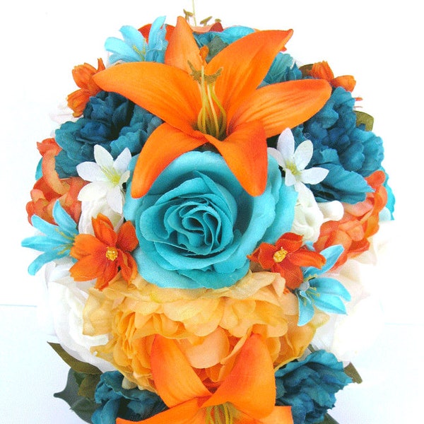 Wedding Bouquet, 17-piece Bridal Cascade Bouquet, ORANGE, Tangerine, AQUA Blue, TEAL, wedding Silk flower set, Bridesmaid "RosesandDreams"