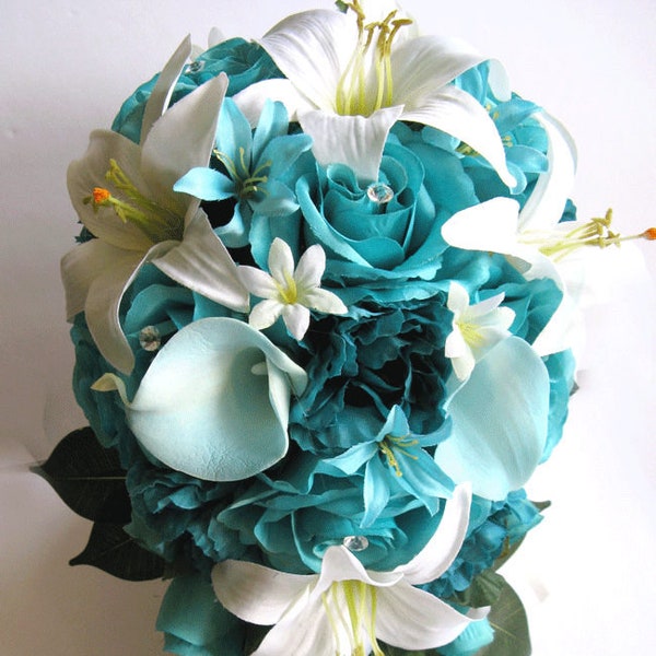 Wedding Bouquet, Bridal Cascade Bouquet set, TURQUOISE, AQUA Blue, TEAL Calla lily, wedding Silk Flower bouquet, Bridesmaid "RosesandDreams"