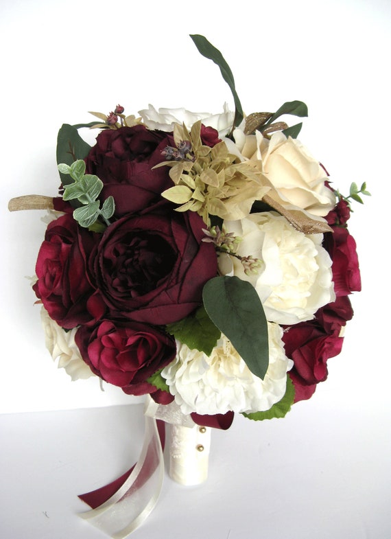 Wedding Bouquet, 17-piece Bridal Bouquet set, BURGUND, EGGPLANT. CHAMPAGNE, Gold, Cream, wedding flowers Bridesmaid Bouquet "RosesandDreams"