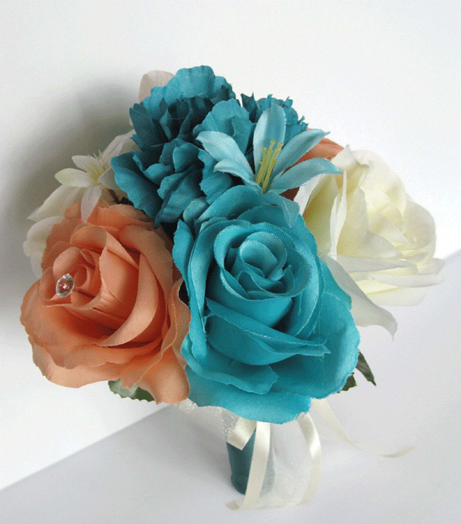 17 Piece Wedding Bouquet Package Bridal Bouquet Set TEAL PEACH Etsy