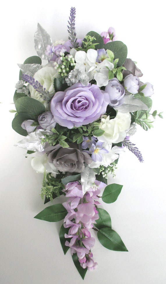 Wedding Bouquet,17-piece Bridal Cascade bouquet set, GRAY LAVENDER LILAC Silver Wedding Bouquet, wedding Flowers Bridesmaid "RosesandDreams"