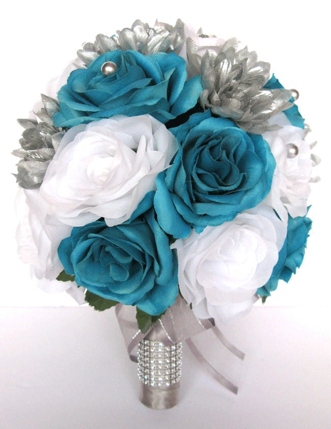 Wedding Bouquet, 17piece Bridal Bouquet set, TURQUOISE SILVER WHITE