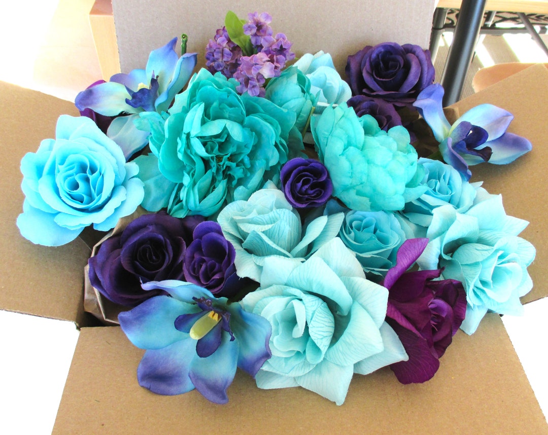 DIY Loose Flower, Aqua Blue, Turquoise, Purple 40 Silk Flowers, Wedding