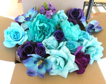 DIY loose flower, Aqua blue, Turquoise, purple 40 Silk flowers, Wedding Silk flowers, home decor, centerpiece, boutonniere "RosesandDreams"