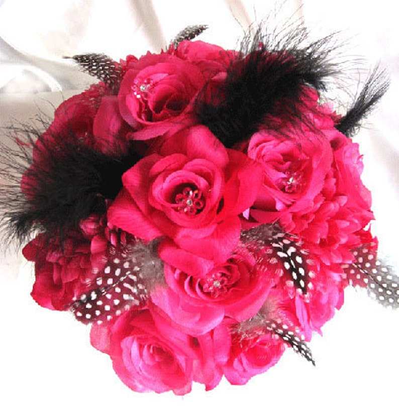 Wedding bouquet Bridal Silk flowers Hot Pink FUCHSIA BLACK Feathers 17 pc package decoration Centerpiece arrangements RosesandDreams