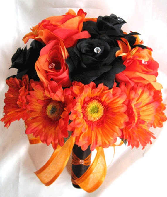 Wedding Bouquet Bridal Decoration Silk flower BLACK ORANGE DAISY Lily 17 pieces package Free shipping arrangements "Roses and Dreams"