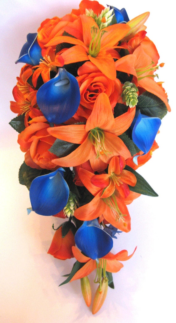 Wedding Bouquets Bridal Bouquet 17 Piece Package Wedding Silk Flower Orange Royal Blue Calla Lily Wedding Centerpieces Rosesanddreams