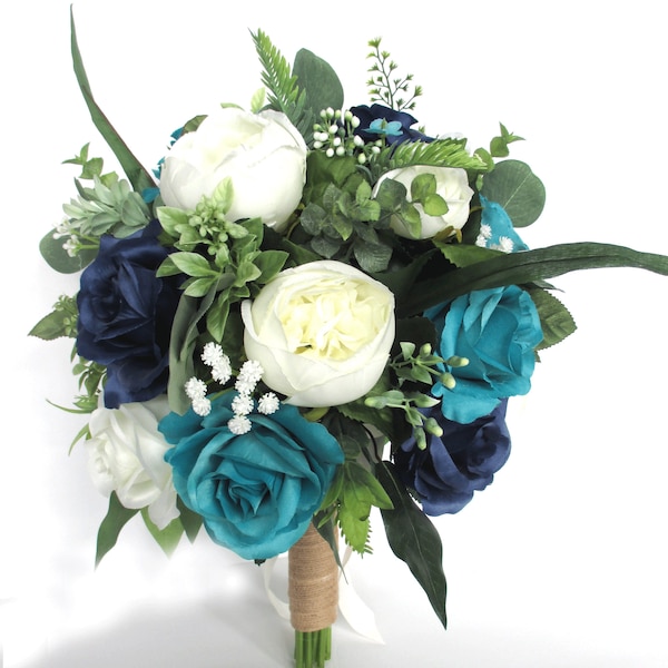 Wedding Bouquet, Bridal bouquet set, TURQUOISE, NAVY Blue, IVORY, Teal, Wedding flowers, Silk Bouquet, Bridesmaid flowers, "RosesandDreams"