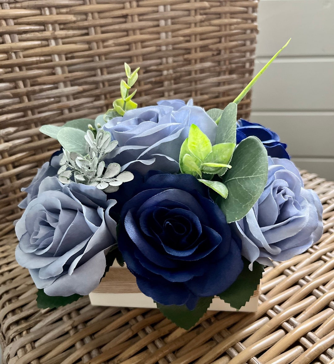 Navy Dusty Blue Floral Centerpiece, Silk Flower Arrangement, Wooden