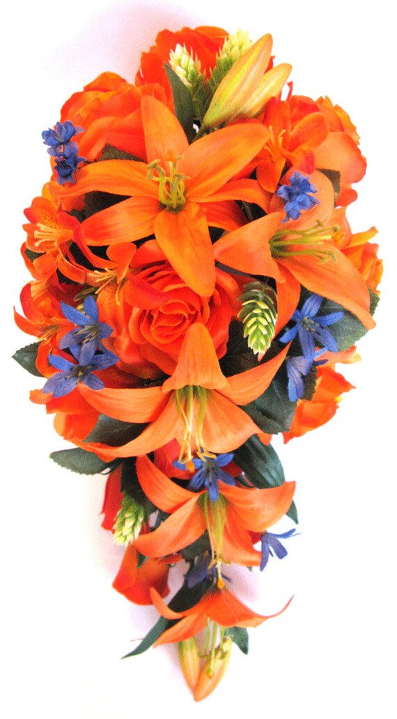 Wedding Bouquets Bridal Bouquet Wedding Silk Flowers 17 Piece Package Orange Lily Royal Blue Wedding Decoration Centerpiece Rosesanddreams