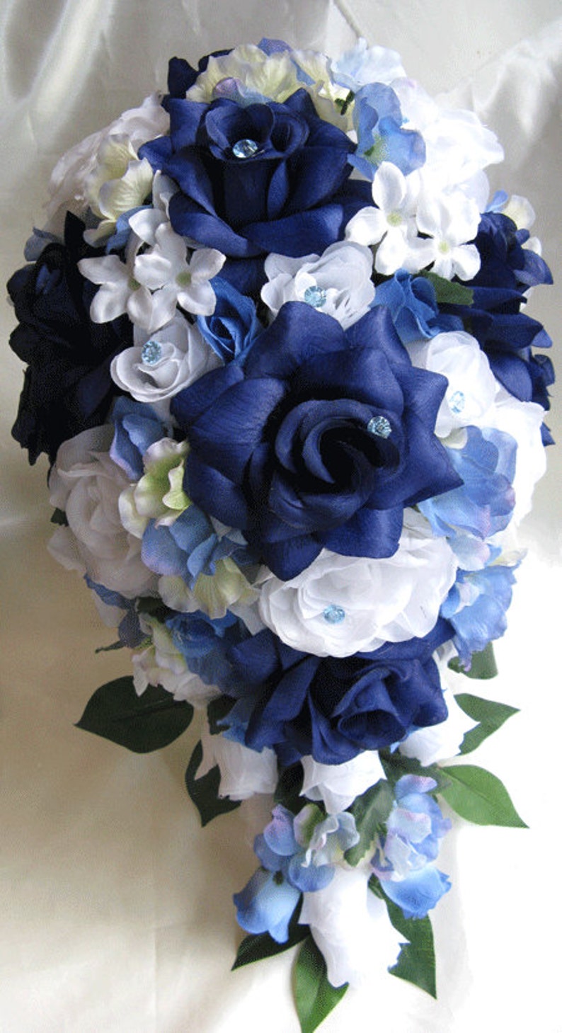 Wedding Bouquet Bridal Silk flower 17 pieces package NAVY BLUE | Etsy