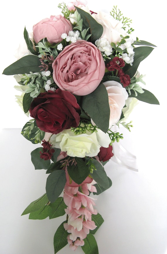 17 piece Wedding Bouquet package Bridal Silk Flowers PINK BLUSH BURGUNDY MAUVE 