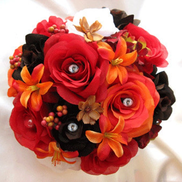 Wedding bouquet Bridal flowers ORANGE LILY FALL 10 pc package Bridesmaids boutonnieres Corsages