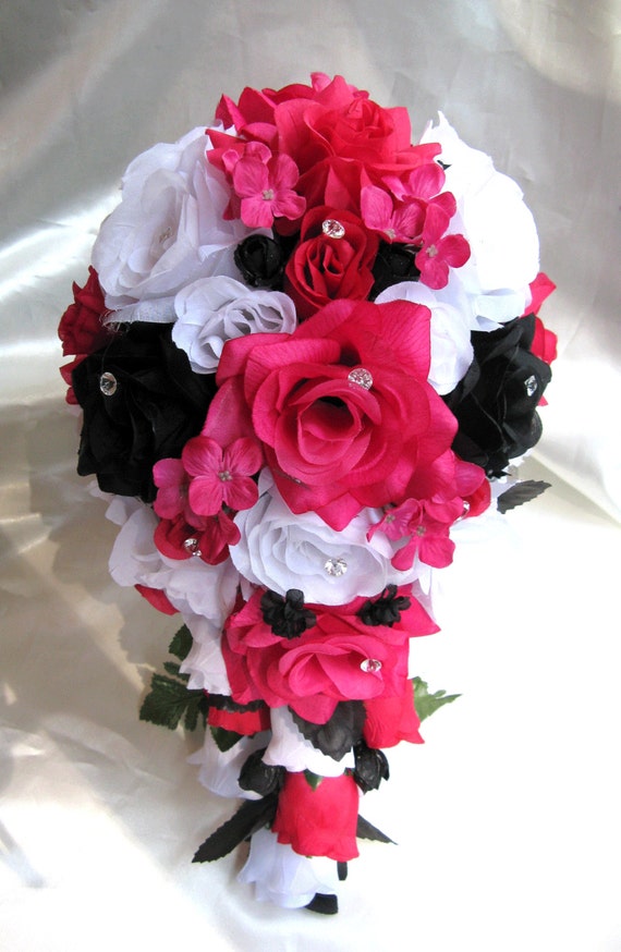 Wedding Bouquet, 17-piece Bridal Cascade bouquet set, FUCHSIA, BLACK, Hot PINK, Wedding silk flower bouquet, bridesmaid "Rosesanddreams"