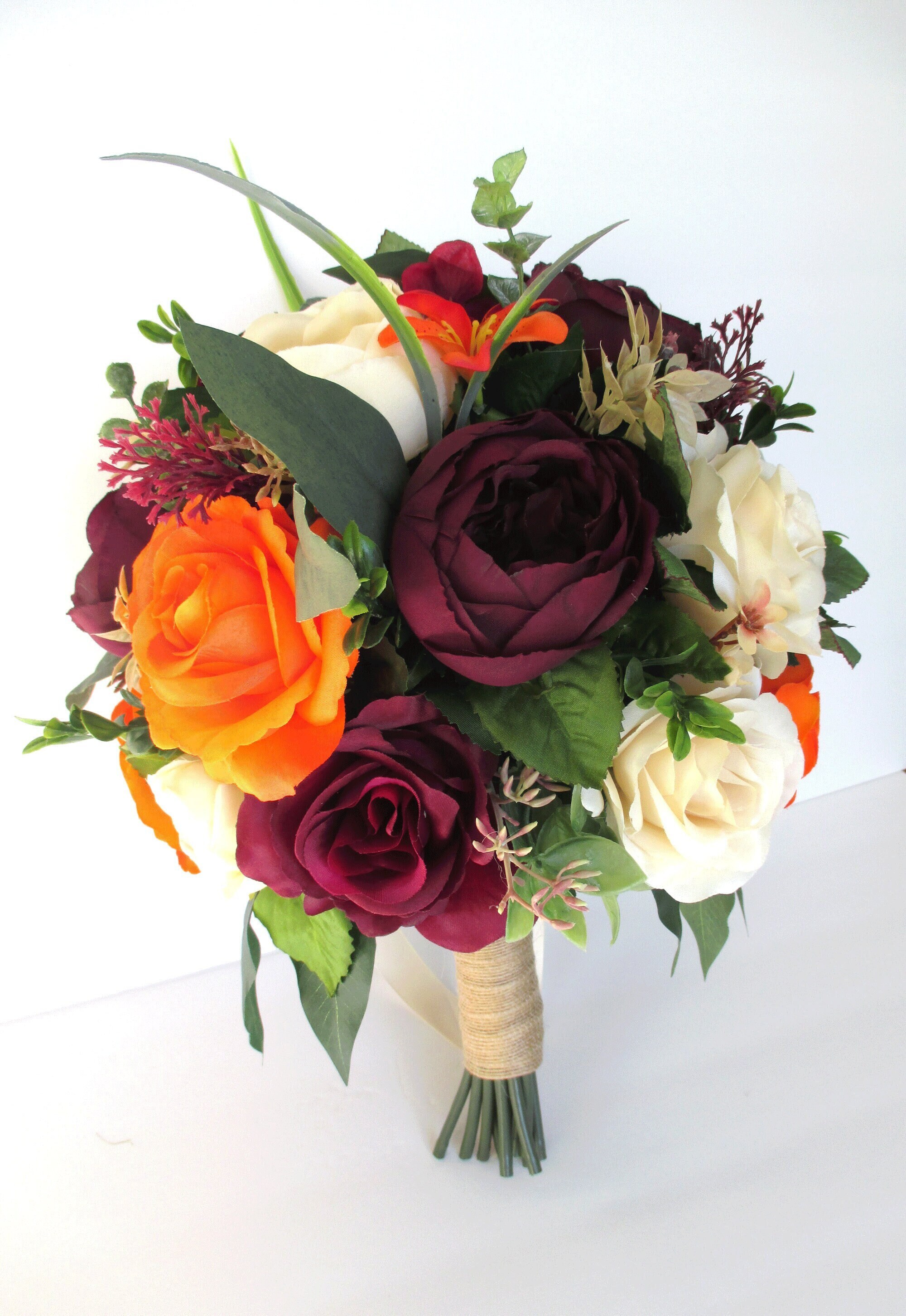 17 piece Wedding Bouquet package Bridal Silk Flower BURGUNDY PINK BLUSH EGGPLANT 