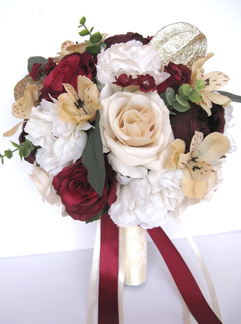 17 Piece Wedding Bouquet Package Bridal Bouquets Silk Flower Bouquet Beige Gold Burgundy Eggplant Cream Plum Artificial Set Rosesanddreams Weddings Bouquets Corsages Valresa Com