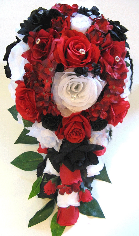 Wedding Bouquet, 17-piece Bridal Cascade bouquet, RED BLACK WHITE, Wedding silk flower bouquet, Bridesmaids bouquet package "RosesandDreams"
