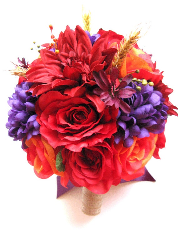 Mariage Bouquet Mariée Soie Fleur Décoration Pomme Rouge Violet Orange Pièce 17 Paquet Fleurs Arrangement Centres Rosesanddreams
