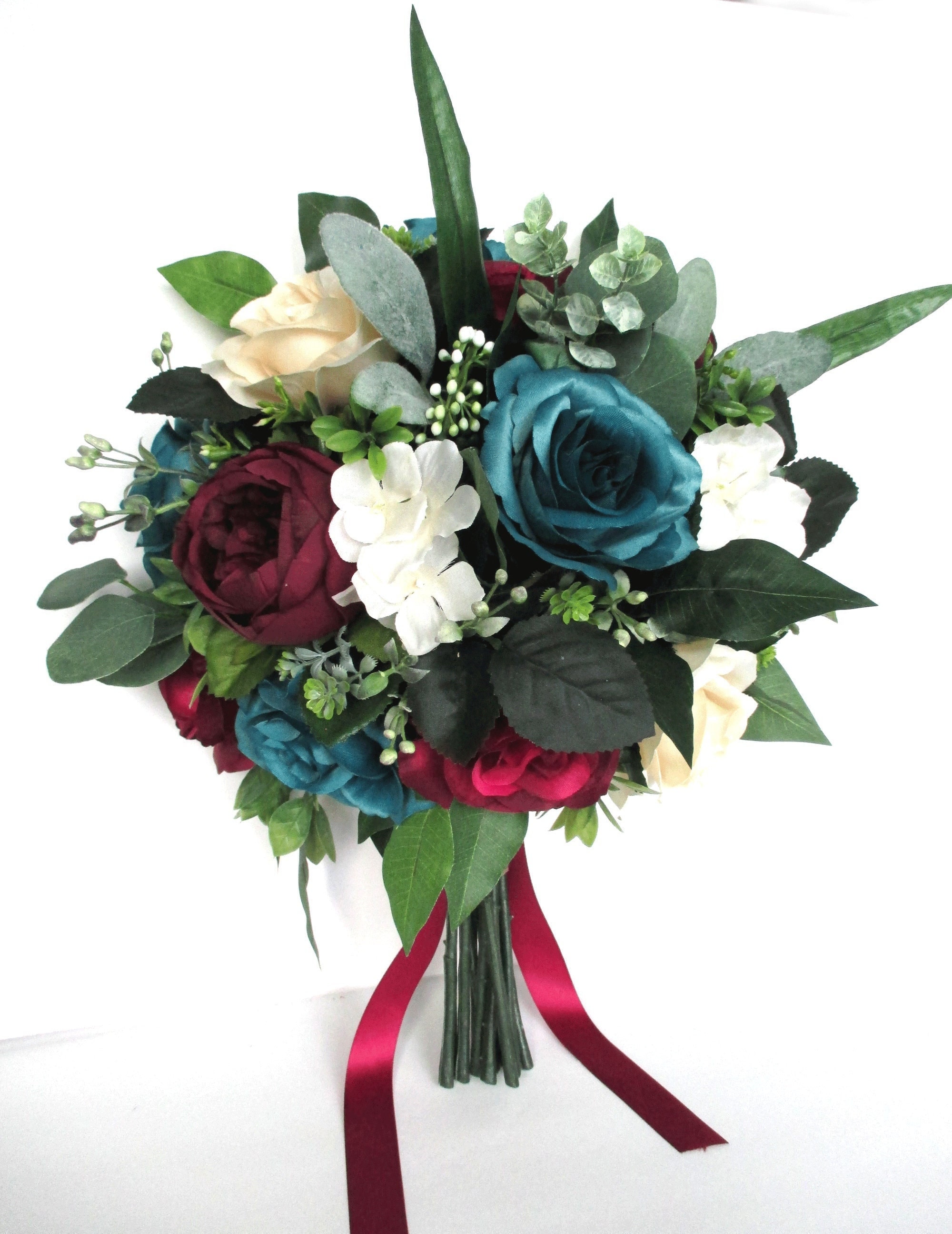 Wedding Bouquet, Bridal bouquet set, BURGUNDY TEAL Eggplant CHAMPAGNE