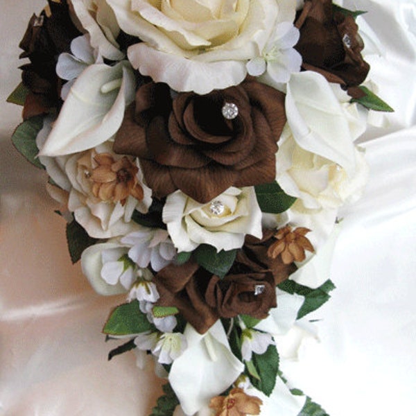 Wedding Bouquet. 17-piece Bridal Cascade bouquet set CREAM BROWN CALLA Lily Chocolate Wedding silk flowers, Bridesmaid set "RosesandDreams"