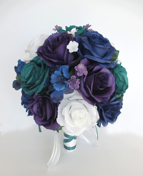 17 Piece Wedding Bouquets, Bridal Bouquet set, Wedding Silk flowers, TEAL PURPLE NAVY Blue white, Wedding flowers package "RosesandDreams"