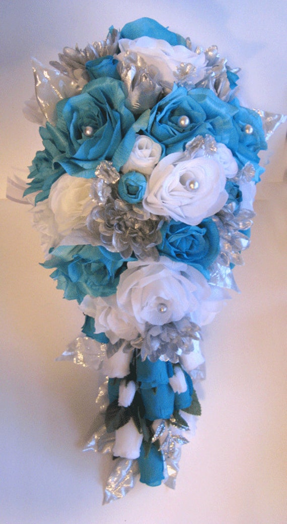 Wedding Bouquet Bridal Silk flowers Cascade TURQUOISE ...