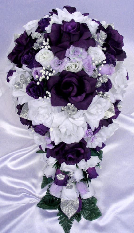 Wedding Bouquet 17 piece Bridal Bouquet Set PURPLE SILVER WHITE