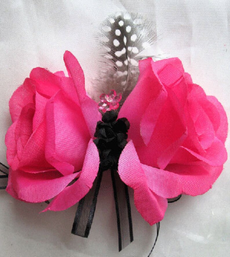 Wedding bouquet Bridal Silk flowers Hot Pink FUCHSIA BLACK Feathers 17 pc package decoration Centerpiece arrangements RosesandDreams