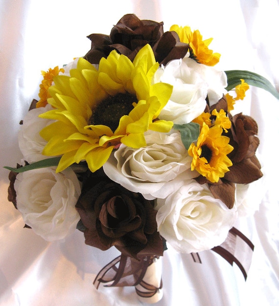 Wedding Bouquet Bridal Silk flowers BROWN SUNFLOWER YELLOW Ivory 17 pc Package flower bouquets decoration centerpieces "Roses and Dreams"